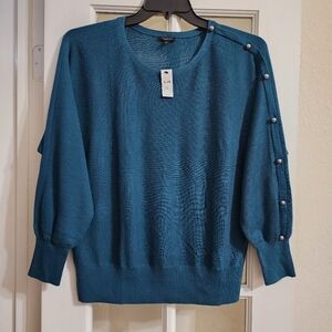 NWT Talbots Teal Wool Blend Button Shoulder Sweater Medium Nautical